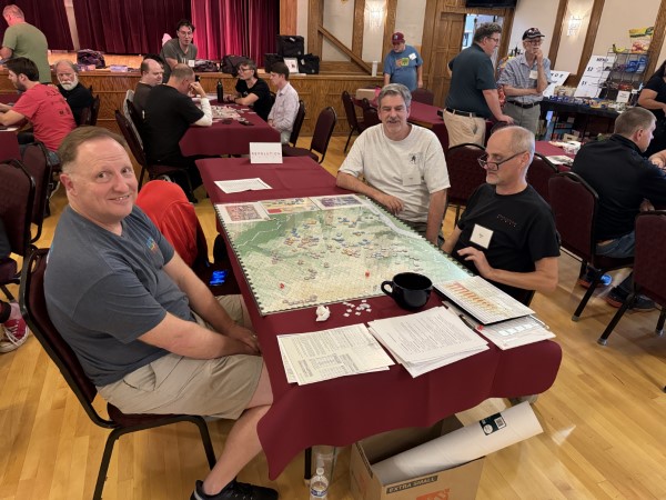 Revolution Games: Richard (L) and Roger (R) playtest Steve Carey's (C) next Blind Swords game on the first day of Shiloh